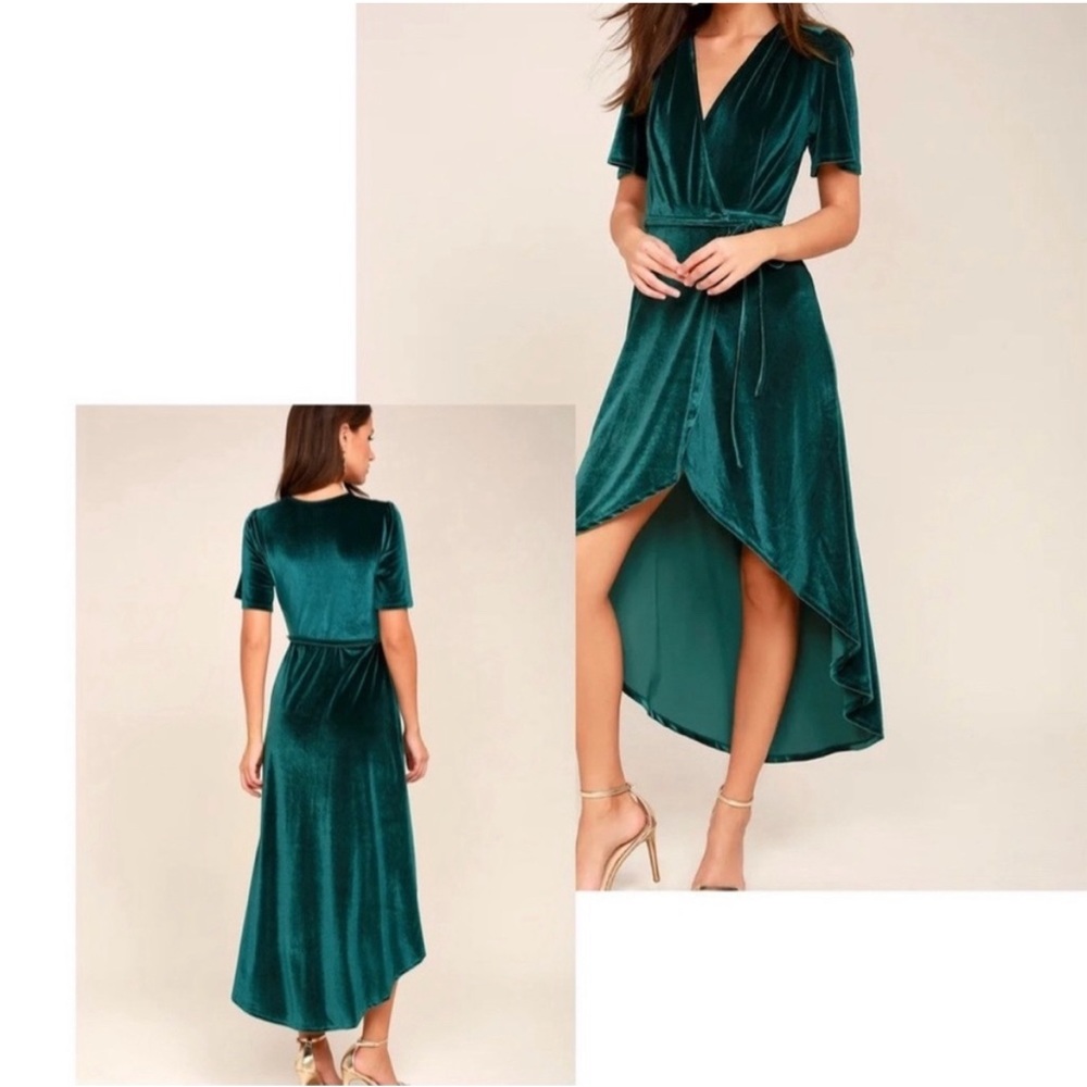 Blue green velvet wrap dress